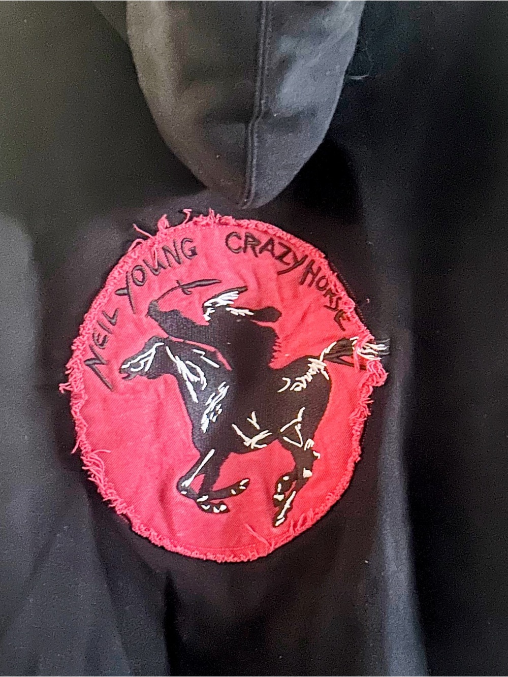 Men's small Black zip up sweatshirt with Red Crazy Horse Patch
